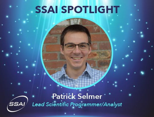 Picture of Patrick in frame, his name, Lead Scientific Programmer/Analyst, SSAI spotlight